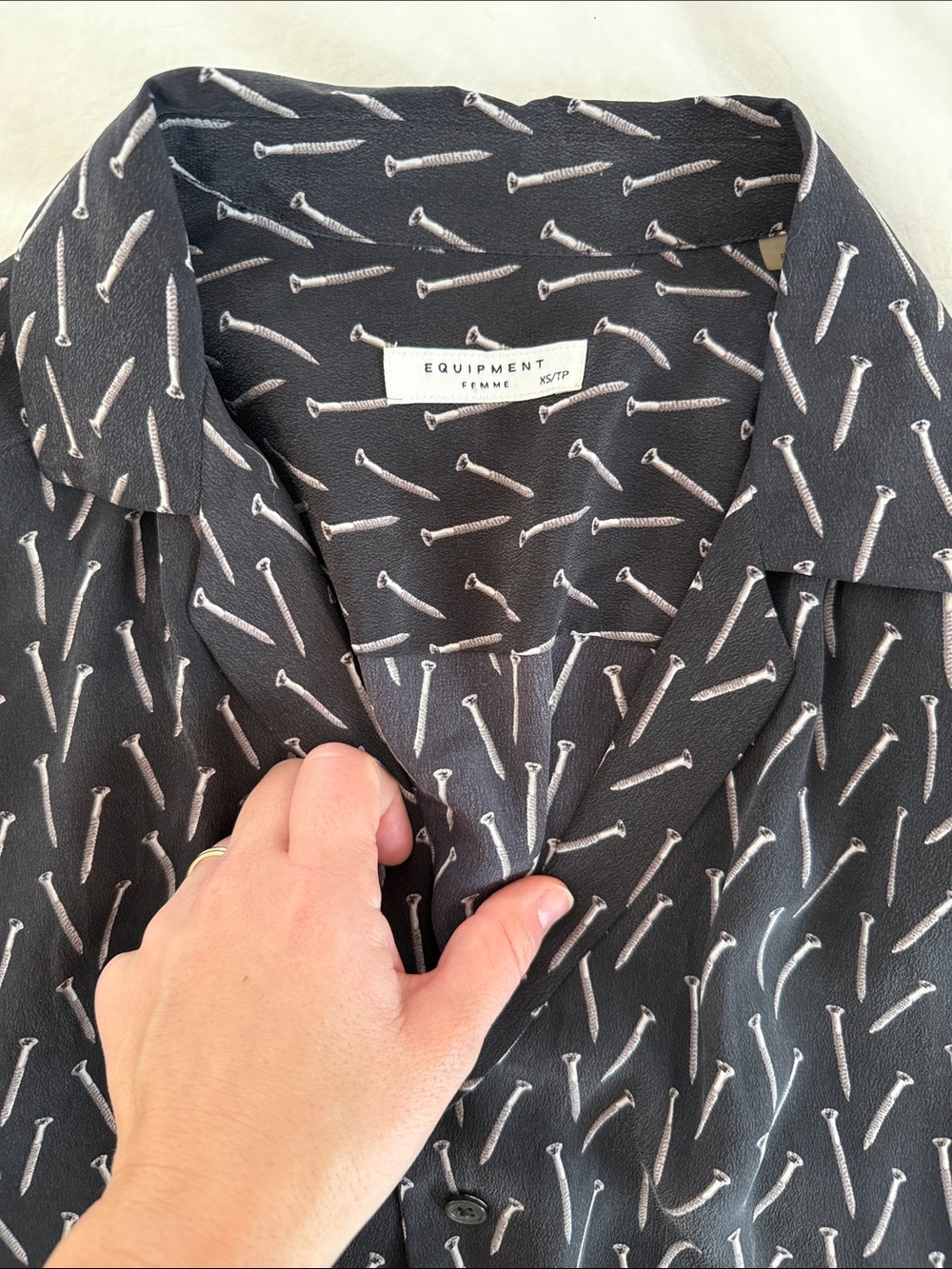 Equipment Black Silk Button-Down Shirt with Screw Print